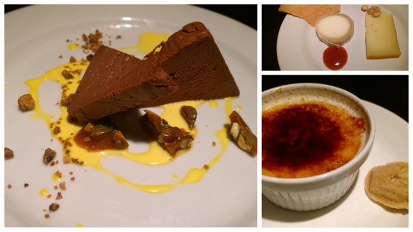 L: chocolate terrain, R top: sheep hard cheese and soft goat cheese, R bottom: caramel crème brulee with ginger cookie